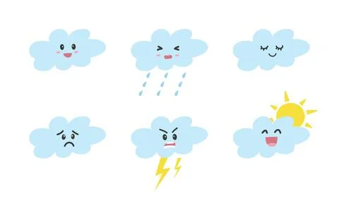 Set cute clouds with different emotions flat vector illustration clipart cartoon Stock Illustration