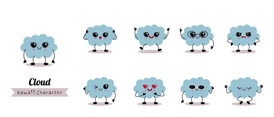 Set of cute clouds flat vector illustration, soft pastel colors Illustrazione stock