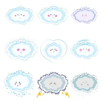 Set of cute clouds on white background. Hand drawn vector illustration. Illustrazione stock