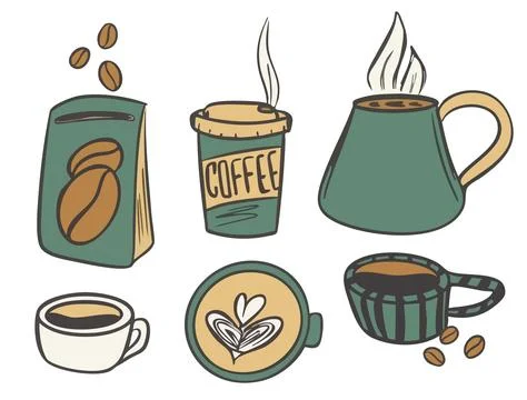 Set of cute Coffee Doodle elements: cups, coffee bean packaging and latte a.. Stock Illustration