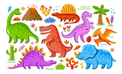 Set of cute colored dinosaurs. Funny animals concept. Vector illustration in Stock Illustration