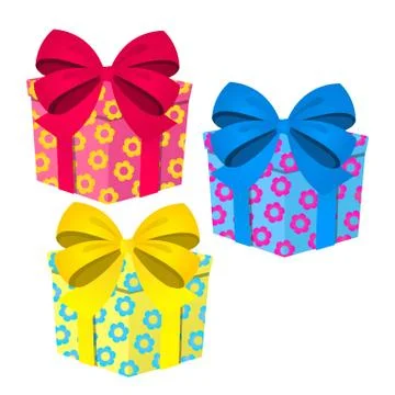 A set of cute colored gift boxes with ribbon bow isolated on white background Stock Illustration