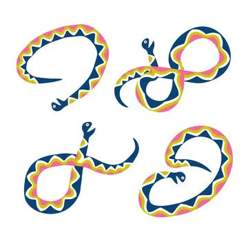 Set of cute colored wavy snakes in cartoon flat style isolated on white. Stock Illustration