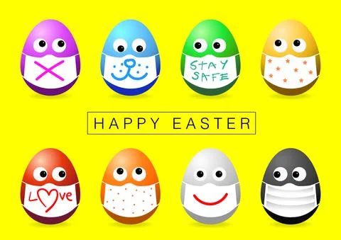 Set of cute colorful Easter egg wearing various pattern face mask. Stock Illustration