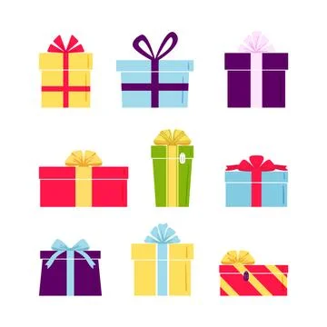 Set of cute colorful gift boxes. Presents with ribbons and bows. Postcard, gr Stock Illustration