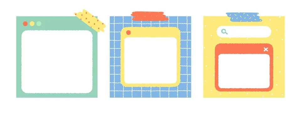 Set of cute colorful web browser window notepad with tape. Empty pop up. Stock Illustration