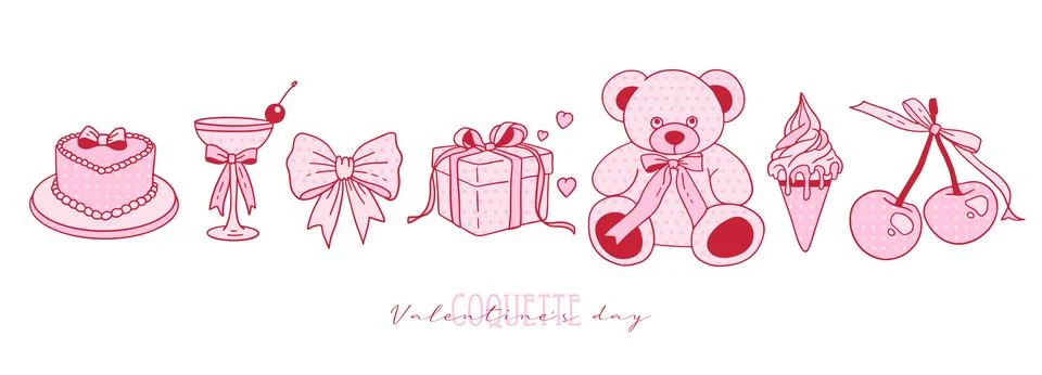 Set of cute coquette romantic elements with bows, ribbons, dots, cherry, hearts Stock Illustration