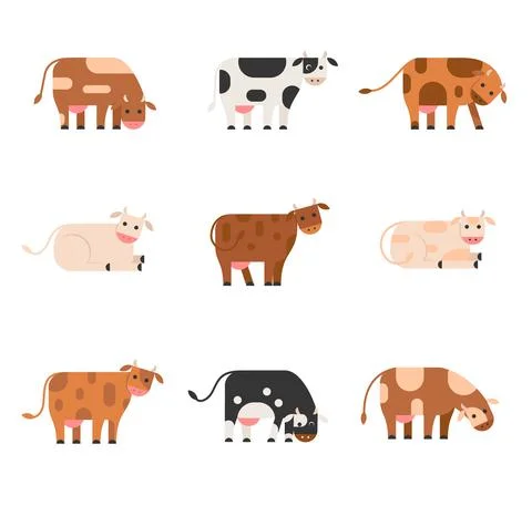 Set of cute Cows character - vector illustration in flat stile Illustrazione stock