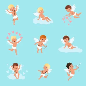 Set of cute cupid boys in different actions. Flying, sitting on clouds Stock Illustration