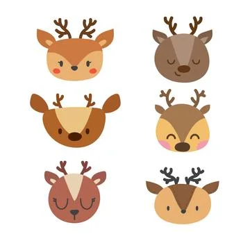 Set of cute deers. Funny doodle animals. Little fawn in cartoon style Stock Illustration