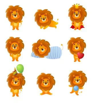 Set of cute different character lion, poses and emotion Illustrazione stock