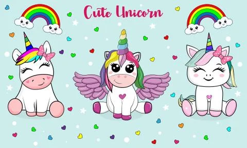 Set of cute different unicorns Illustrazione stock