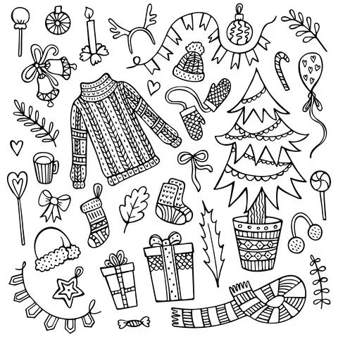 Set of cute doodle Christmas elements isolated on white background. Stock Illustration
