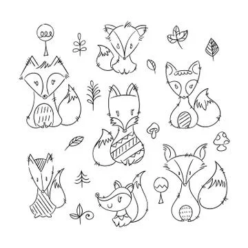 Set of cute doodle foxes in simple flat style Illustrazione stock