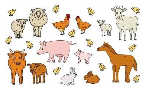 Set of cute doodle outline vector cartoon animals at the farm. Sheep, ram, co Illustrazione stock