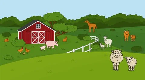 Set of cute doodle outline vector cartoon pet animals at the countryside farm Stock Illustration