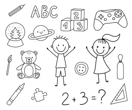 Set of cute doodle sketches on theme of childhood and toys. Boy, girl, joystick Stock Illustration