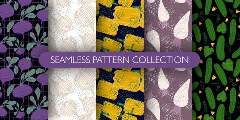 Set of cute doodle vegetables seamless pattern. Collection of patterns - radi Stock Illustration