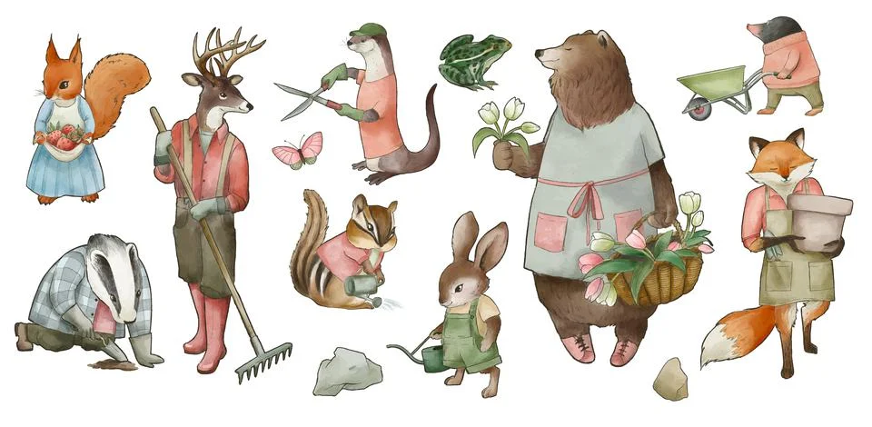 Set of cute dressed forest animals, vintage watercolor style Stock Illustration