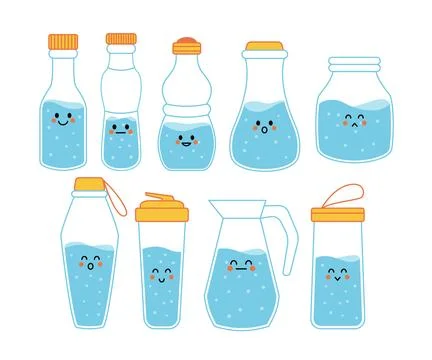 Set of cute drinking water bottle character cartoon with faces emoticon col.. Stock Illustration