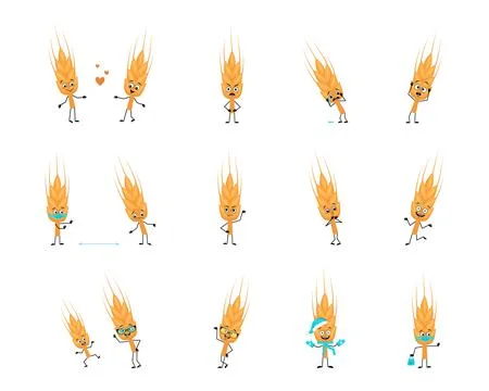 Set of cute ear of wheat character with happy or sad emotions, panic, love or Stock Illustration