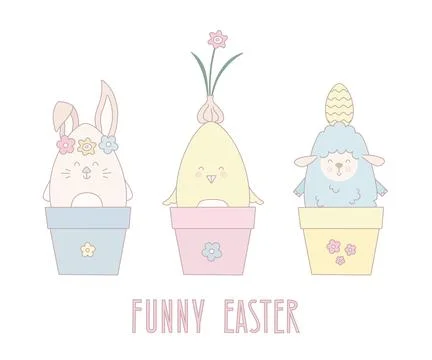 Set of cute Easter animals in flowers pot. Funny, amusing vector illustration. Stock Illustration
