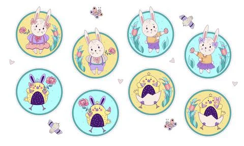 Set of cute Easter animals. Rabbit girl and boy with Easter eggs and a rose and  Stock Illustration