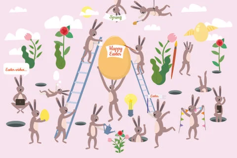 Set of cute Easter cartoon characters and design elements. Easter bunny, eggs Stock Illustration