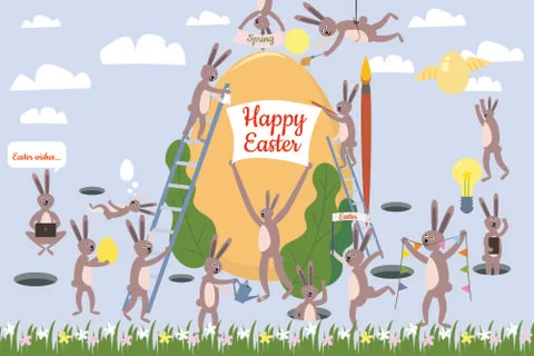 Set of cute Easter cartoon characters and design elements. Easter bunny, eggs Stockillustratie