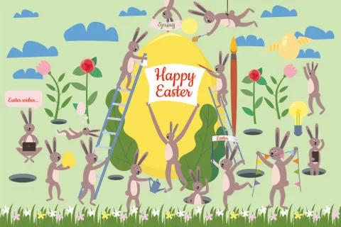 Set of cute Easter cartoon characters and design elements. Easter bunny, eggs Illustrazione stock