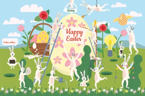 Set of cute Easter cartoon characters and design elements. Easter bunny, eggs Illustrazione stock