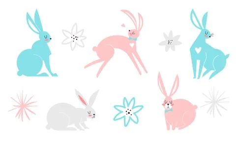 Set of cute Easter cartoon characters rabbits and design elements. Bunny and Stockillustratie