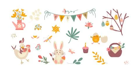 A set of cute Easter cartoon characters and design elements Stock Illustration