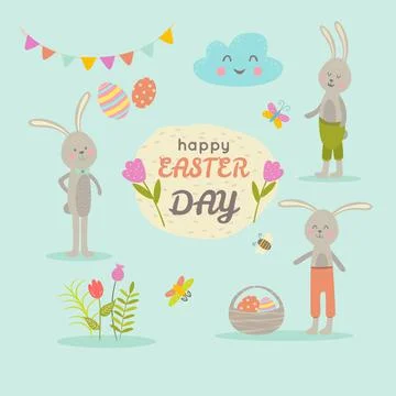 Set of cute Easter cartoon characters and design elements bunny, butterflies Illustrazione stock
