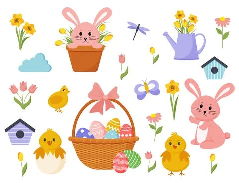 Set of cute Easter cartoon characters and design elements. Easter bunny, chic Illustrazione stock