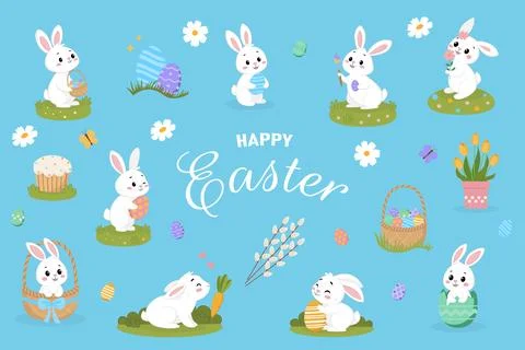 Set of cute Easter cartoon characters and design elements. Easter bunny, eg.. Stockillustratie