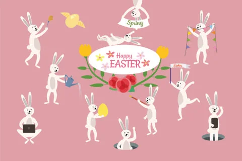 Set of cute Easter cartoon rabbits and design elements. Easter bunny, eggs and Illustrazione stock