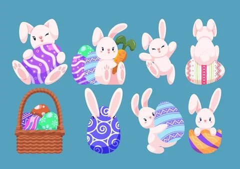 Set of Cute Easter Egg and Bunny Character in Different Poses Stock Illustration