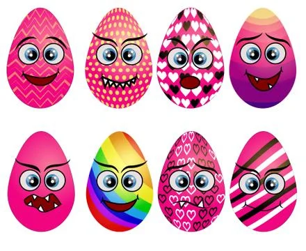 Set of cute Easter eggs. Set of Emoji egg. Smile eggs. Isolated flat Stock Illustration