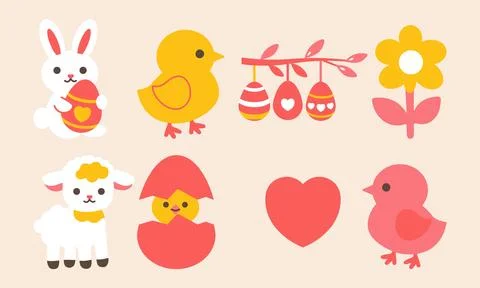 Set of cute easter elements in flat style. Spring collection Easter bunny, chick Illustrazione stock