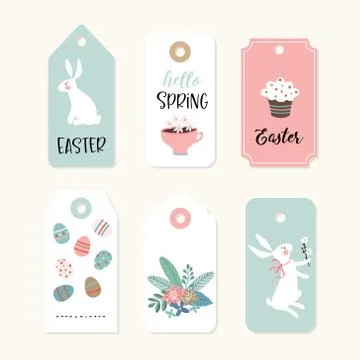 Set of cute Easter gift tags and labels with white rabbits, cup of coffee Stock Illustration