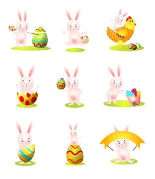 Set of cute easter rabbit character in different situation Stock Illustration
