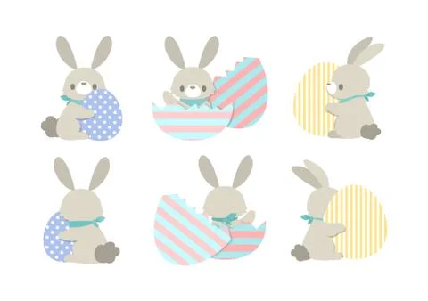 Set of cute Easter rabbits in different poses and  different colors easter eg Stock Illustration