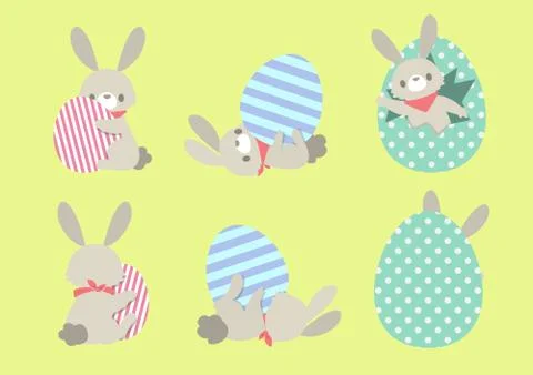Set of cute Easter rabbits in different poses with eggs. Illustrazione stock