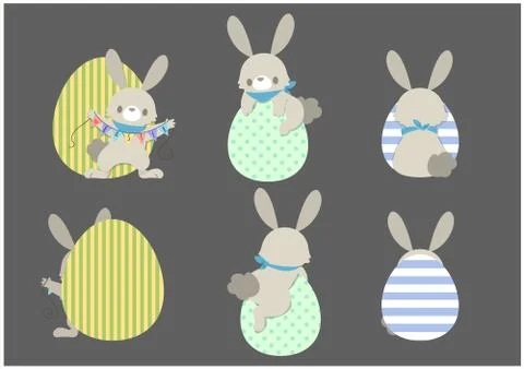 Set of cute Easter rabbits in different poses with eggs. Illustrazione stock