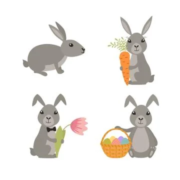 Set cute Easter rabbits. Holiday background. Stock Illustration