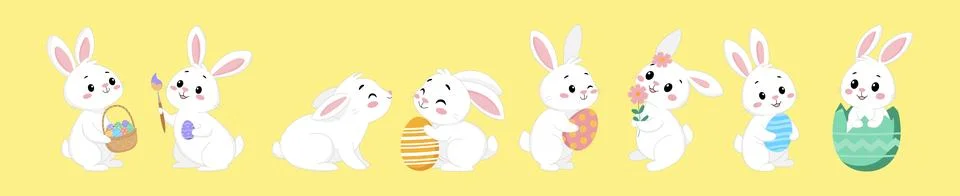 Set of cute Easter white rabbits. Cartoon characters of happy bunnies with .. Stock Illustration