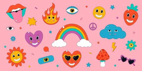 Set of cute elements and characters in psychedelic 70s style. Illustrazione stock