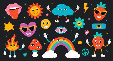Set of cute elements and characters in psychedelic 70s style. Ilustração Stock