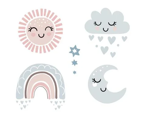 Set of cute elements for children s design, sun, moon, rainbow and and cloud Illustrazione stock